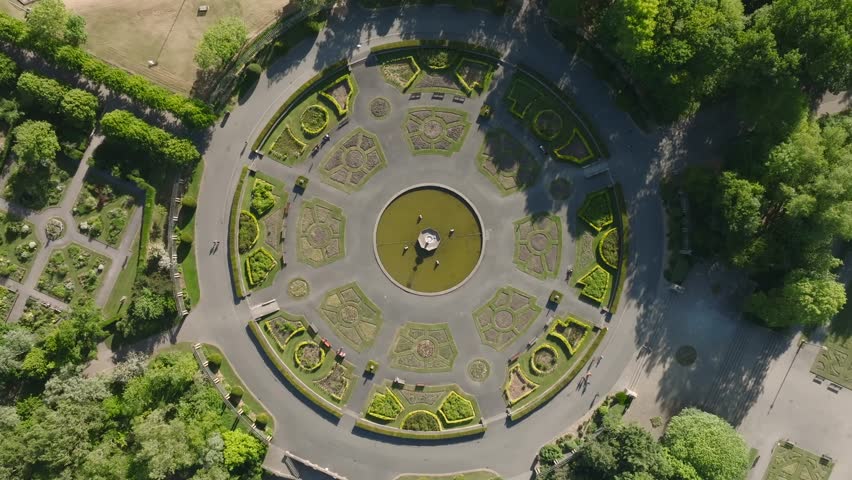Italian style gardens surrounded by trees. Top down view. Stanley Park, Blackpool, Lancashire, UK.