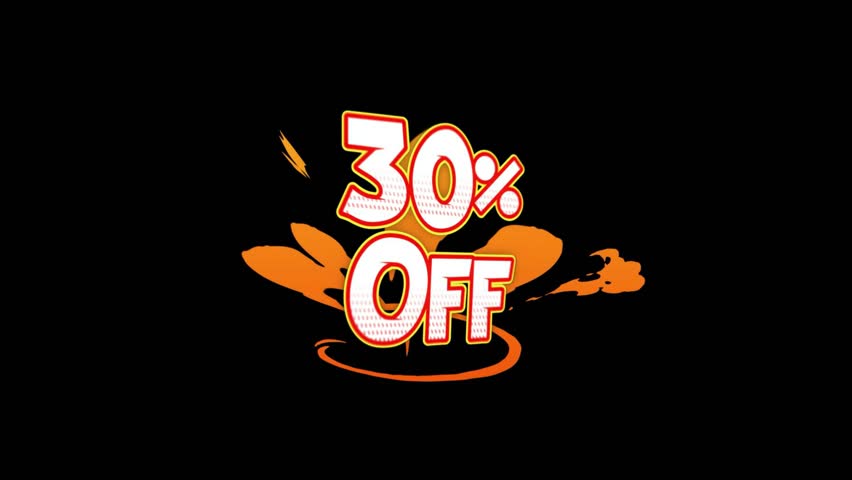 A seamless loop animation featuring "30% OFF" text with bold and playful design over a black background. Perfect for promotional videos, shopping ads, discount offers, e-commerce content, and seasonal