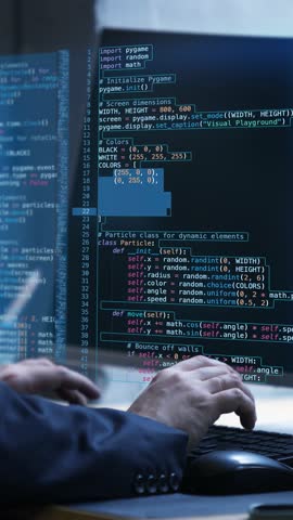 Stop motion. Virtual workspace showcasing fictional code, emphasizing innovation, adaptability, and creative process in technologically advanced environment. Concept of IT solutions, digital. Ad