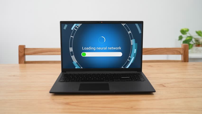 Loading neural network on personal laptop. Concept of working with powerfull artificial intelligence.