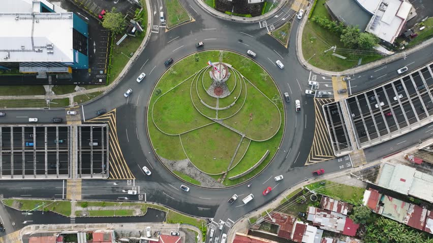 SAN JOSE, Costa Rica - FEBRUARY 28, 2023: Breathtaking birds-eye perspective captures the iconic circular intersection known as Rotonda de la Bandera (Flag Roundabout) in the San Pedro district.
