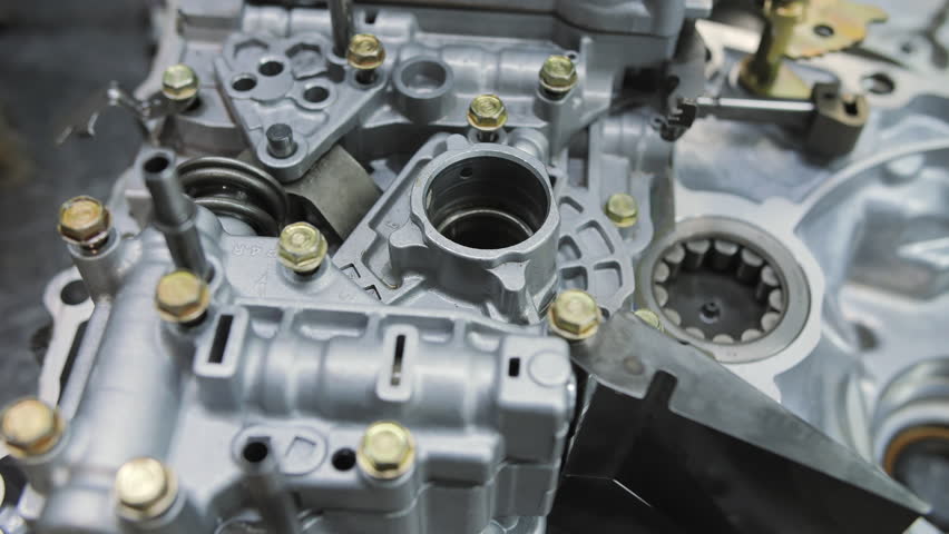 Open automotive transmission housing with visible internal components