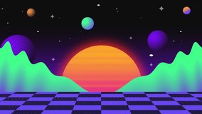 Vaporwave retrofuturistic checkered floor with sun and planets synthwave looping background animation - Powered by Shutterstock - Get 15% off with code: PIKWIZARD15