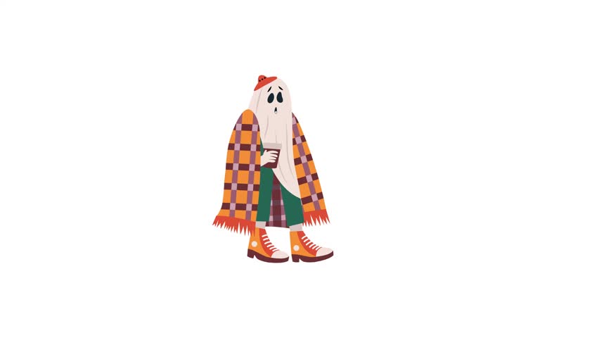 A slightly clumsy ghost wrapped in blanket, flat animated sticker