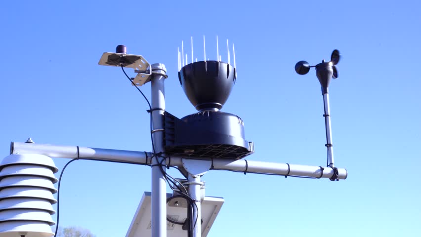 Weather station with instruments under clear blue sky in closeup