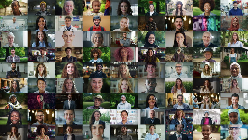 Caucasian Female Lead in a Mix of Portraits with Stylish Male and Female of Different Ethnicities Looking at Camera. Collage with Global Representation of Happy People. Zoom Out Footage