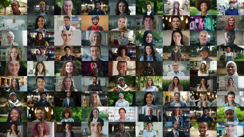 African Child Lead in a Mix of Portraits with Stylish Male and Female of Different Ethnicities Looking at Camera. Collage with Global Representation of Happy People. Zoom Out Footage