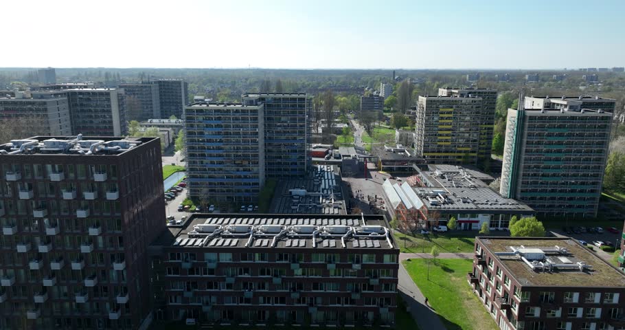 Student housing campus close at university in Amsterdam, Amstelveen, The Netherlands. Uilenstede. Aerial view.