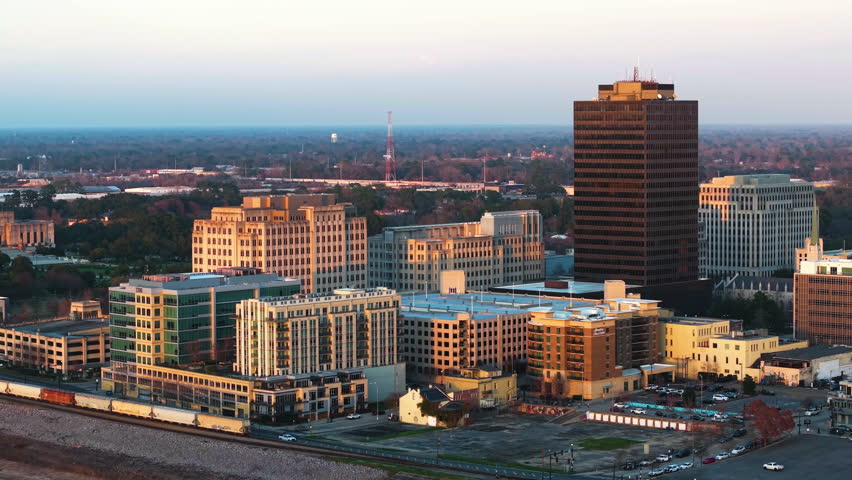 Aerial view away from the cityscape of Baton Rouge, sunny evening in La, USA