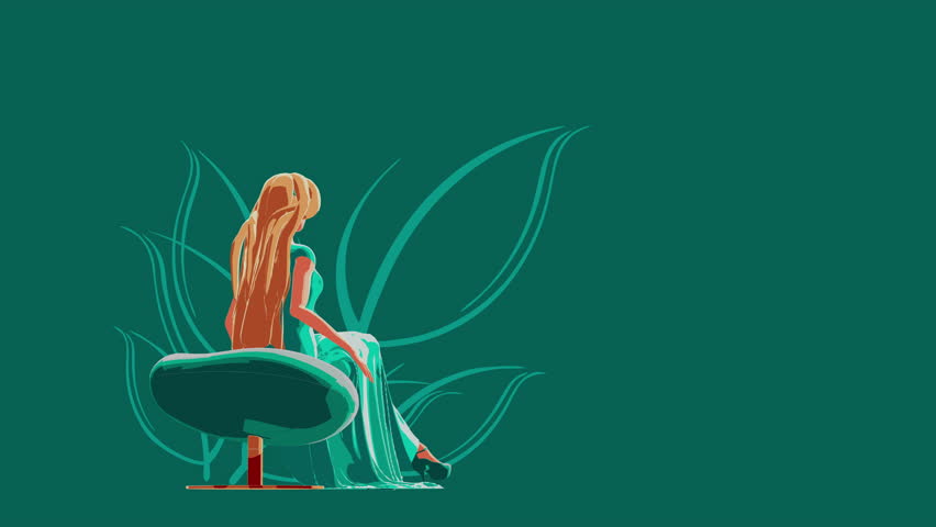 Elegant Woman in Flowing Green Dress Standing Gracefully Beside a Modern Chair, Surrounded by Stylized Botanical Elements in a Minimalist Illustration.