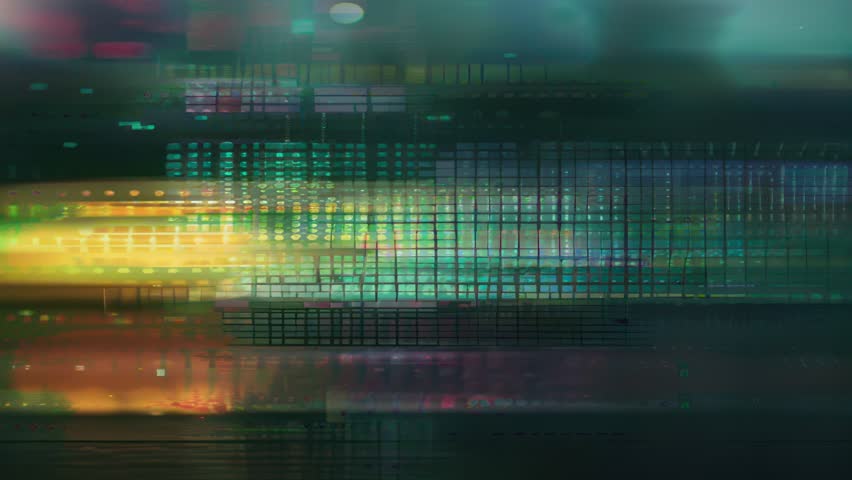 Seamless video texture with cyberpunk energy — flickering pixels, chromatic light waves, and glitchy interference. Great for experimental loops and VJ visuals.