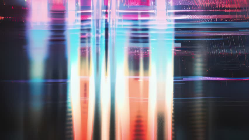 Dreamlike glitch visuals with holographic sparkle and chromatic distortion. Works for retro-futuristic branding, audiovisual shows, or digital art backgrounds.