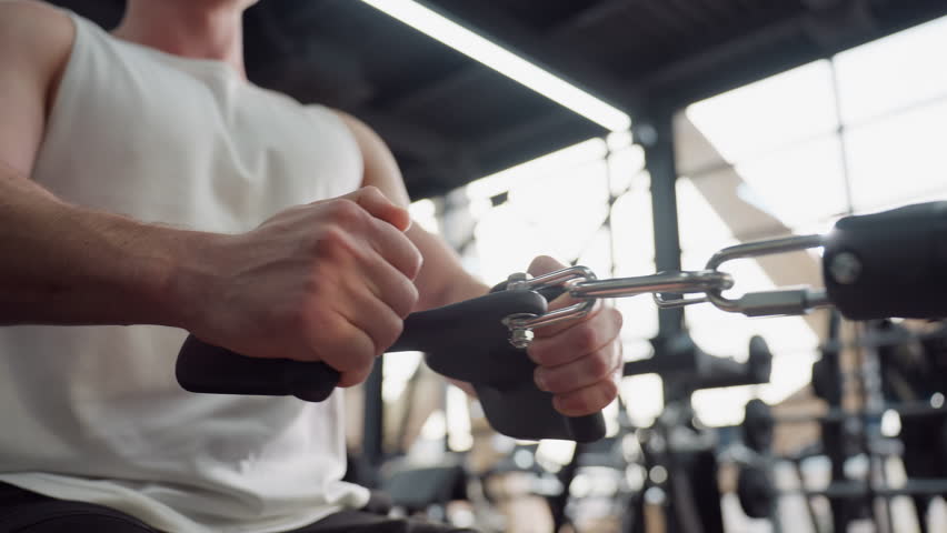 Gymnast seated on bench pulling cable roller with controlled motion and focused strength in gym with background people working out to capture dynamic training atmosphere and repetitive rowing action