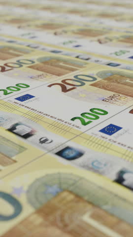 Cash seamless animation, 200 euro banknotes, money printer or printing machine