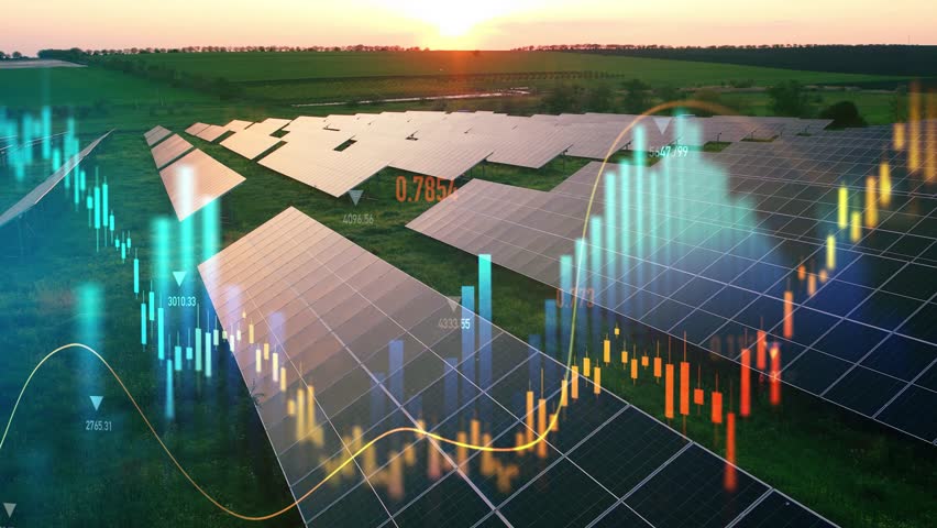 Increase in electricity prices on the world market. Green energy in full development.Investment finance chart,stock market business and exchange financial growth graph.	
