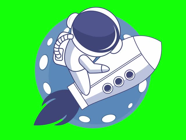 Cartoon animation of an astronaut riding a rocket in space. Loop-ready vector animation with green screen background for easy compositing and video editing.