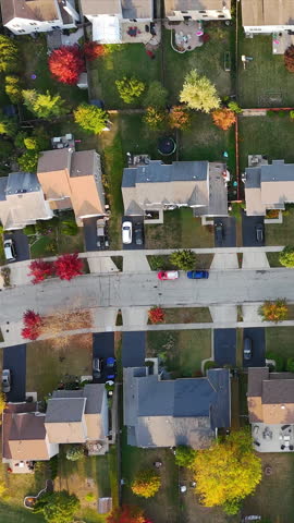 Aerial top view Picturesque Residential Street with Autumn Colors and Detached Houses, A village in the state of Illinois in the United States