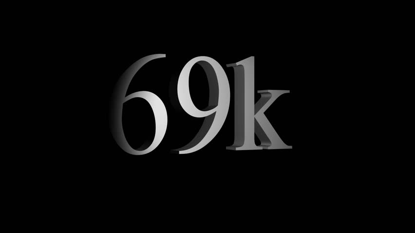 Monochrome animation of 69k followers social media achievement on a black background