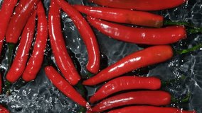 Fresh hot chili peppers falling into the water top view, splashing water, slow motion. - Powered by Shutterstock - Get 15% off with code: PIKWIZARD15