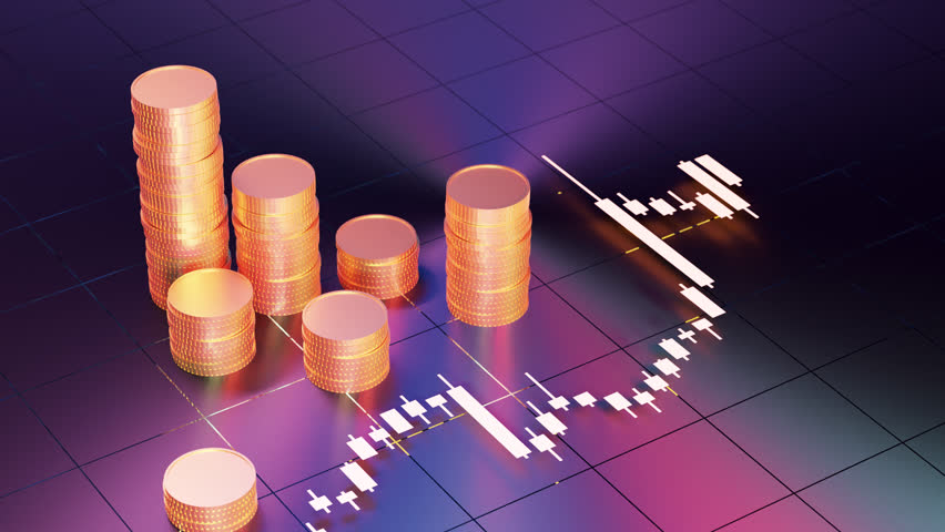 Stock candlestick graph and stack of coins animation. 3d render. Cryptocurrency market, investment, trading concept. Profit, money, growing, funding business - Powered by Shutterstock - Get 15% off with code: PIKWIZARD15