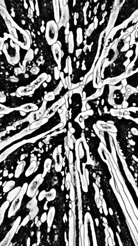 Zoom-in animation of abstract black and white texture with fluid, organic streaks and shapes