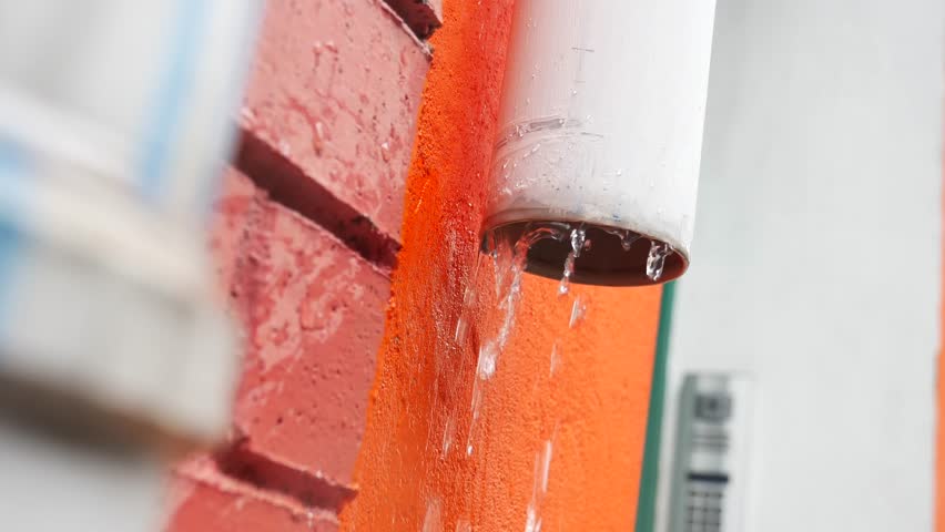 Rainwater Drainage System Flowing Gracefully from PVC Pipe on a Colorful Wall