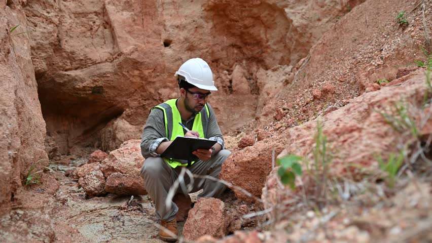A geologist is examining the mineral content of soil and recording it on paper