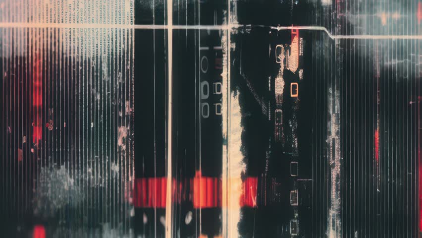 Animated glitch loop packed with gritty industrial elements, data mosh artifacts, and cyberpunk aesthetics. Perfect for tech-driven visuals and dark atmospheres.