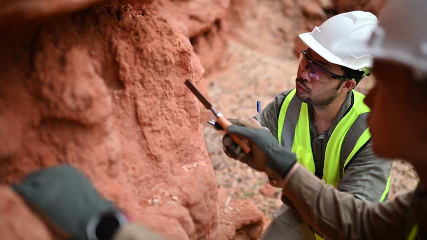 Geologists are using equipment to collect soil samples for mineral analysis