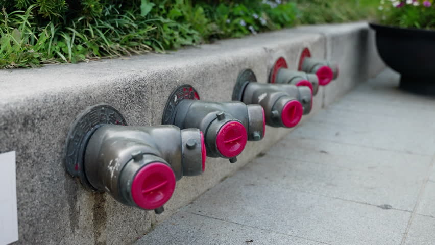 A Series of Industrial Fire Hydrant Connections with Bright Pink Caps Set Against a Natural Green Backdrop, Highlighting Urban Safety Features