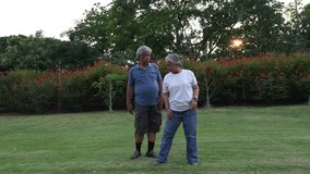 Elderly Asian couple standing together doing exercises stretching their arms for good health in the park. - Powered by Shutterstock - Get 15% off with code: PIKWIZARD15