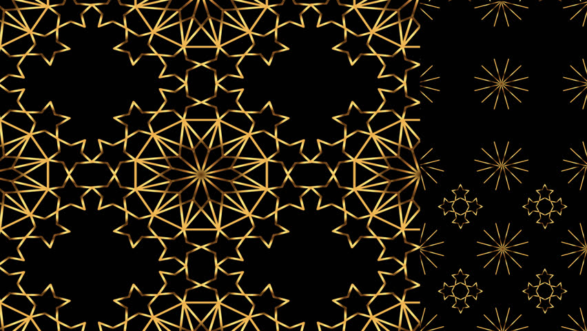 Seamless geometric pattern of stars. Gold on black background