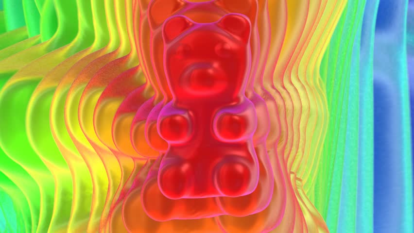 Seamless funny animation of candy gummy bears dancing with a echo colorful background.