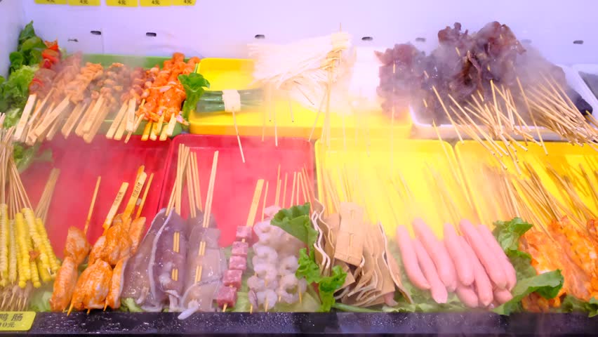 fresh fruit and vegetable casseroles in dry ice at the market in Chongqing, China
