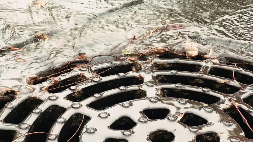 Rainwater flows through the street storm drain. High quality 4k footage