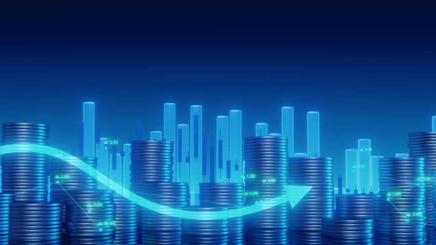 A financial background showing upward and downward arrows with panning movement suitable for representing market trends or investment strategies. Stacked coins and charts. - Powered by Shutterstock - Get 15% off with code: PIKWIZARD15