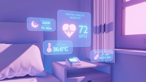 AI-powered smart home monitoring health data, including sleep quality, heart rate, body temperature, and medication reminders, displayed on a digital health monitor. - Powered by Shutterstock - Get 15% off with code: PIKWIZARD15