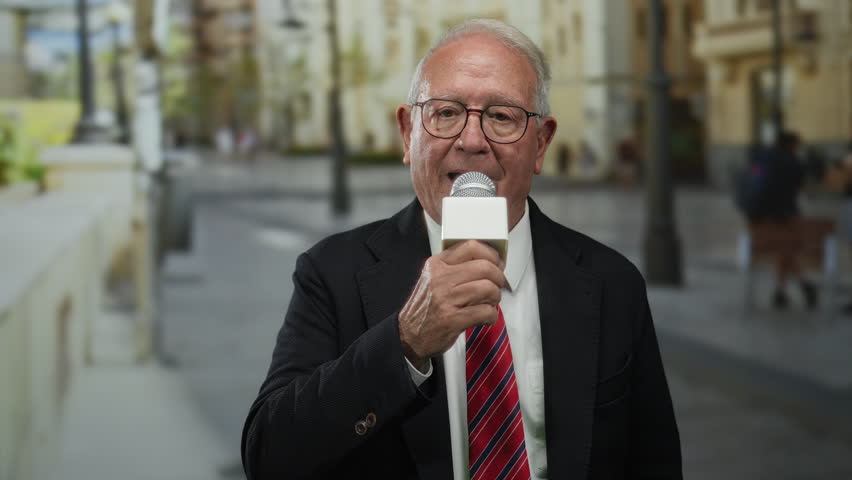 Senior man in business attire reporting outdoors with a microphone on a city street showcasing professional engagement.