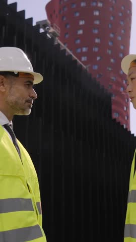 Vertical. Outdoor meeting two multicultural architects team leaders closing project with handshake. Diverse formal professional engineers greetings in safety clothing with buildings in background