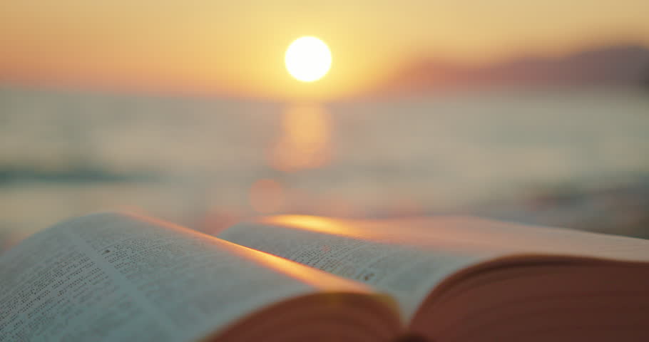 Open book on a beach illuminated by sunset light in summer warm evening