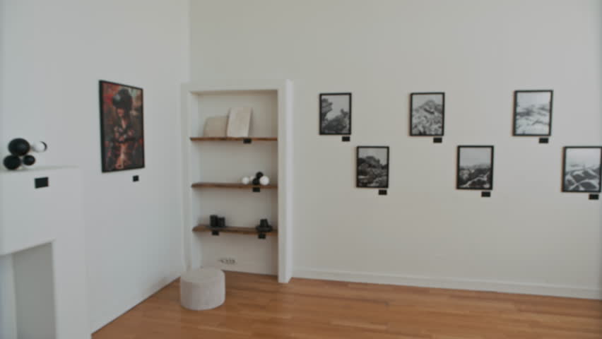 Front view shot of young African American woman looking at pictures in modern art gallery exhibition