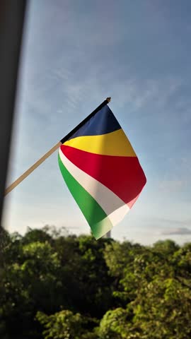 Republic of Seychelles flag waving in the wind, cloudy blue sky background. Vertical Video 