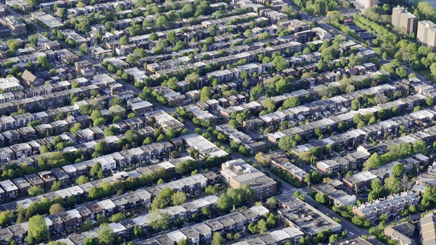 Typical rows of townhouse homes in North America. a suburb of a big city. Montreal, Quebec, Canada.