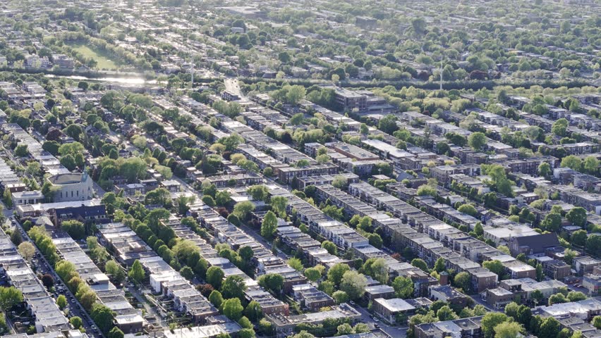 Typical rows of townhouse homes in North America. a suburb of a big city. Montreal, Quebec, Canada.