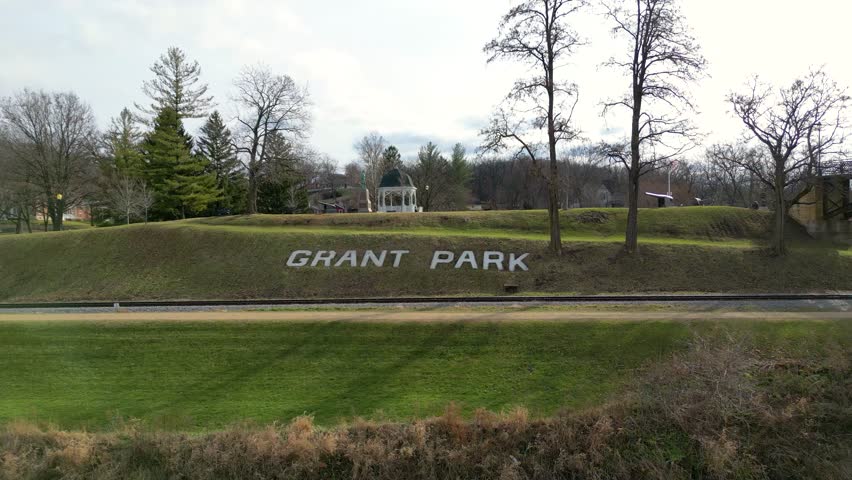 Drone footage near iconic Grant Park Pedestrian Bridge near the historic township of Galena, Illinois