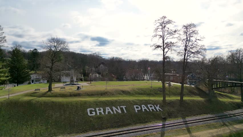 Drone footage near iconic Grant Park Pedestrian Bridge near the historic township of Galena, Illinois