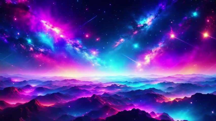 surrealistic and stunning views of mountainous landscapes under a night sky filled with colorful nebulae and stars.