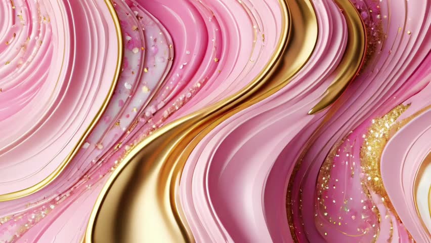 A luxurious abstraction that combines soft pink waves with shimmering metallic gold accents.