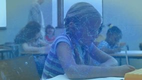 Schoolboy writing while network overlay glitching code forming padlock shield protecting classroom. Education, cybersecurity, digital literacy, e-learning, technology, classroom, innovation - Powered by Shutterstock - Get 15% off with code: PIKWIZARD15