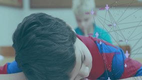 Dark brown-haired boy breathing while generating transparent network overlay visualizing education. Student, learning, innovation, technology, focus, concentration, digital - Powered by Shutterstock - Get 15% off with code: PIKWIZARD15